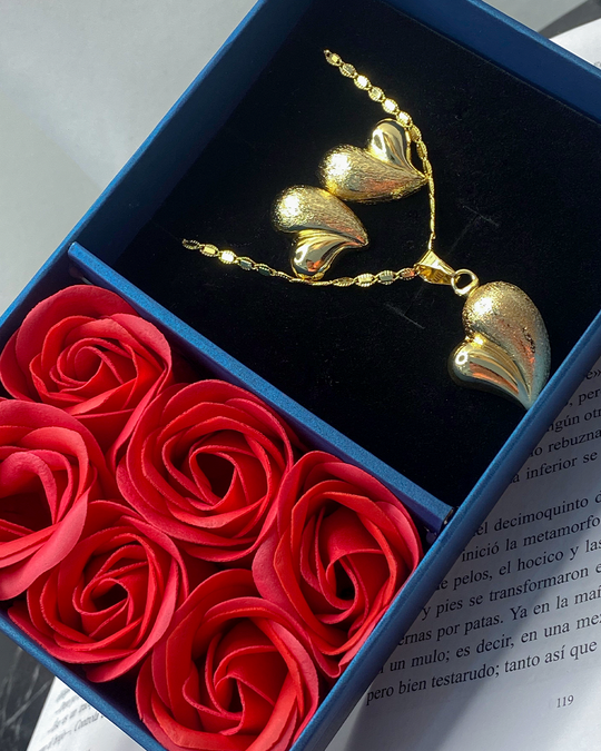 Set de collar y pendientes incluye caja con rosas enchapado en oro 18k acero inoxidable