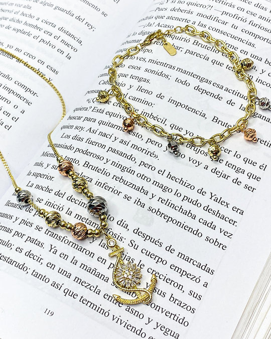 Set de collar y pulsera con dige de ancla enchapados en oro 14k de acero inoxidable