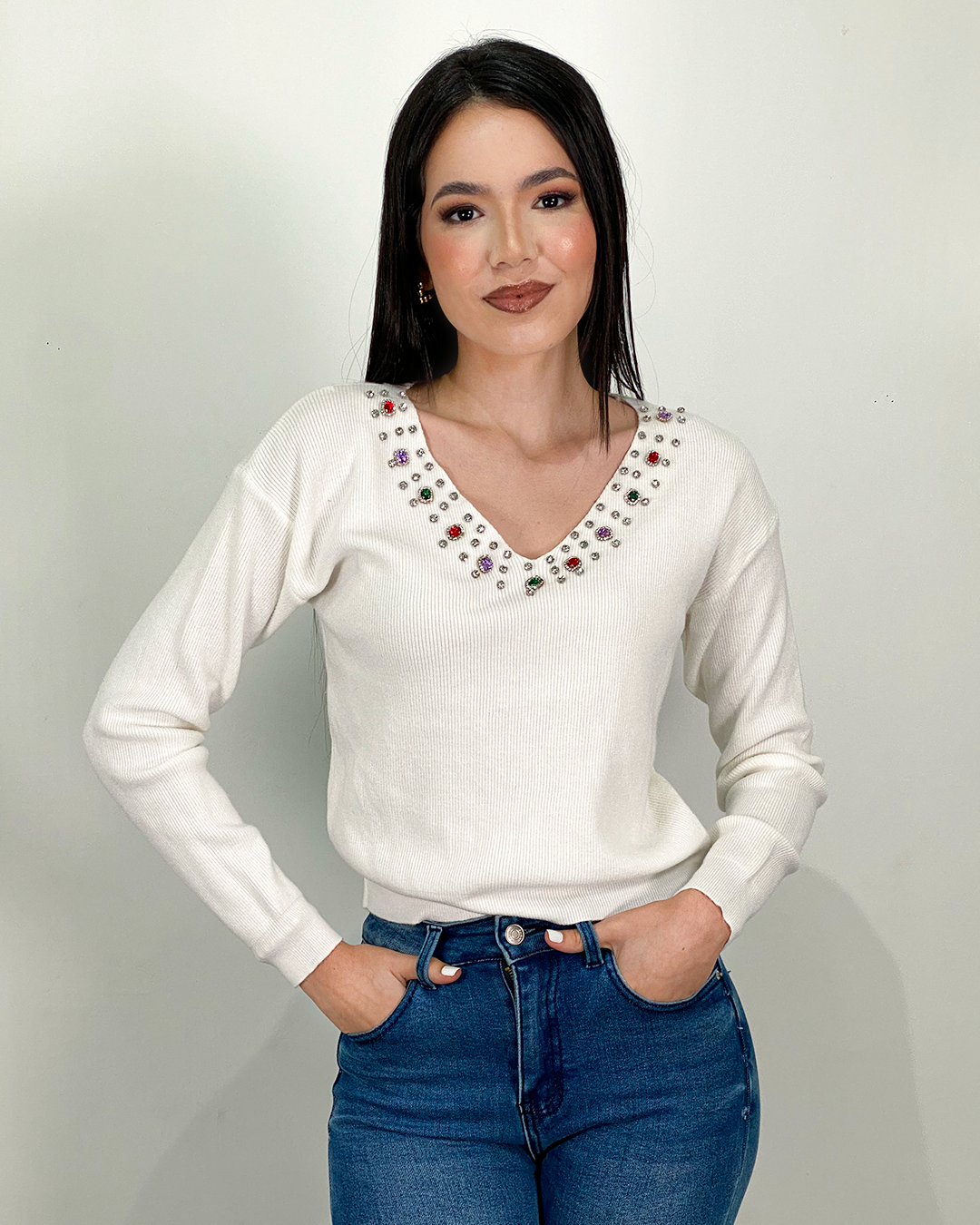 Sueter jersey con pedrería