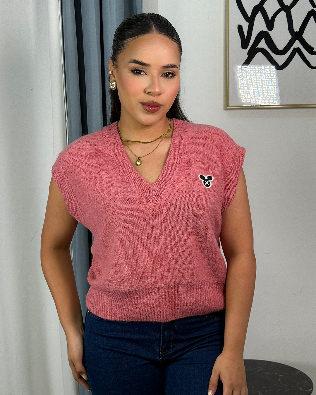 chaleco tejido unicolor cuello V