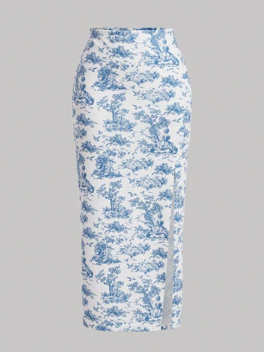 Falda larga con abertura lateral estampada