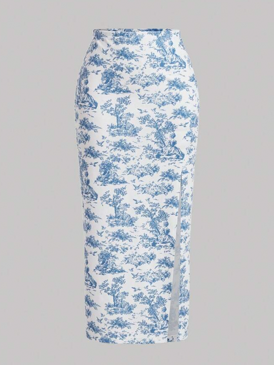 Falda larga con abertura lateral estampada