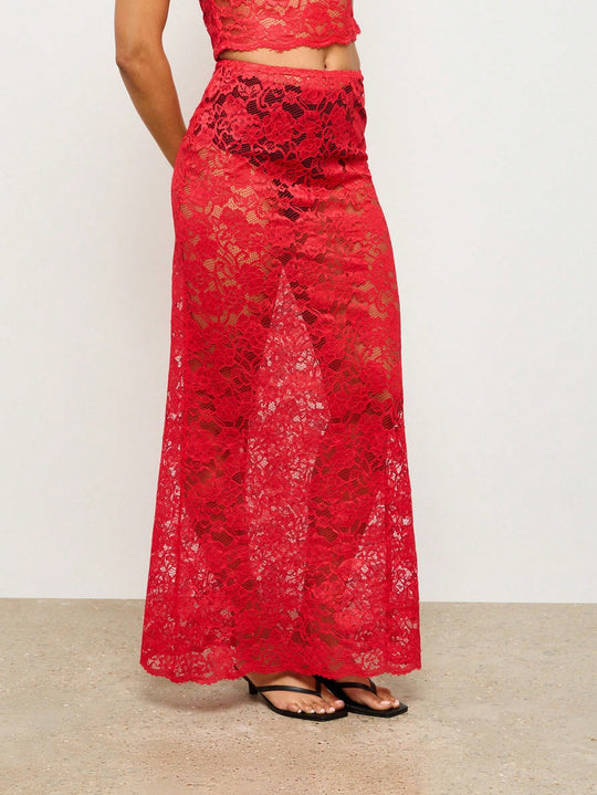 Falda larga unicolor con encaje