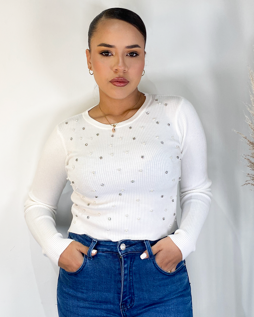 blusa manga larga con piedreria