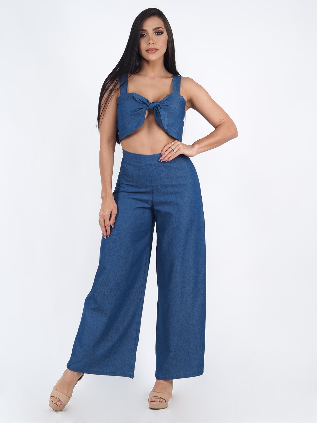Wide boot demin fabric pants