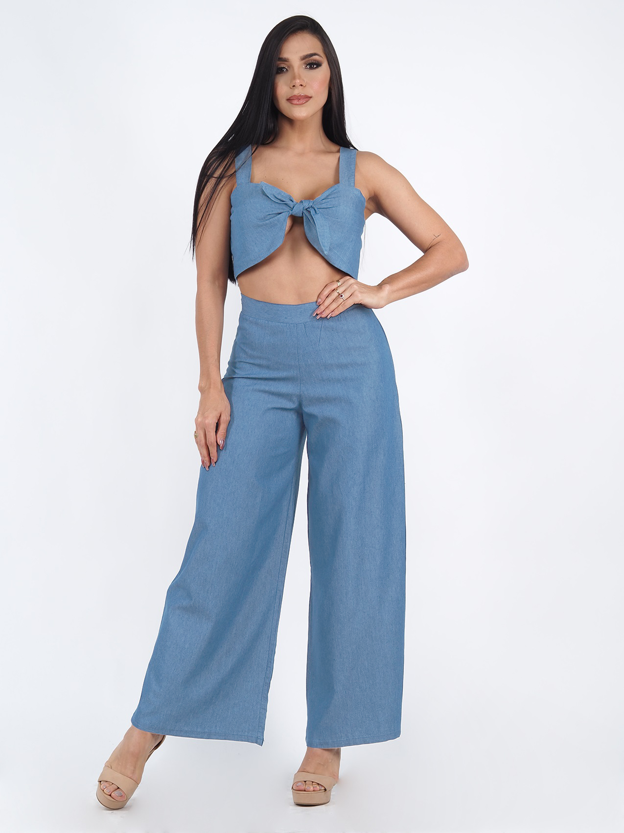 Wide boot demin fabric pants
