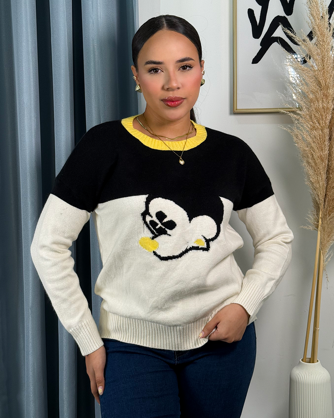 Sueter tejido doble con estampado de mickey mouse