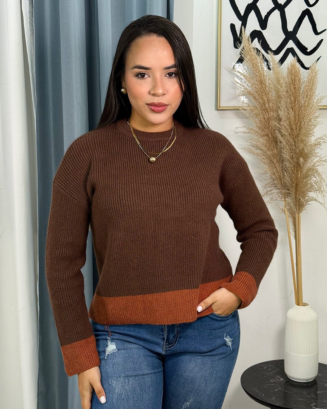 Sueter jersey holgado con franja en el borde