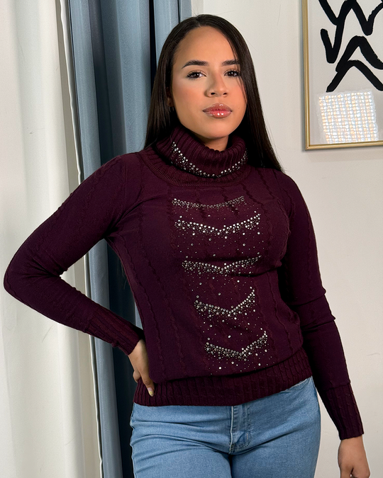 Sueter tejido cuello alto con brillos