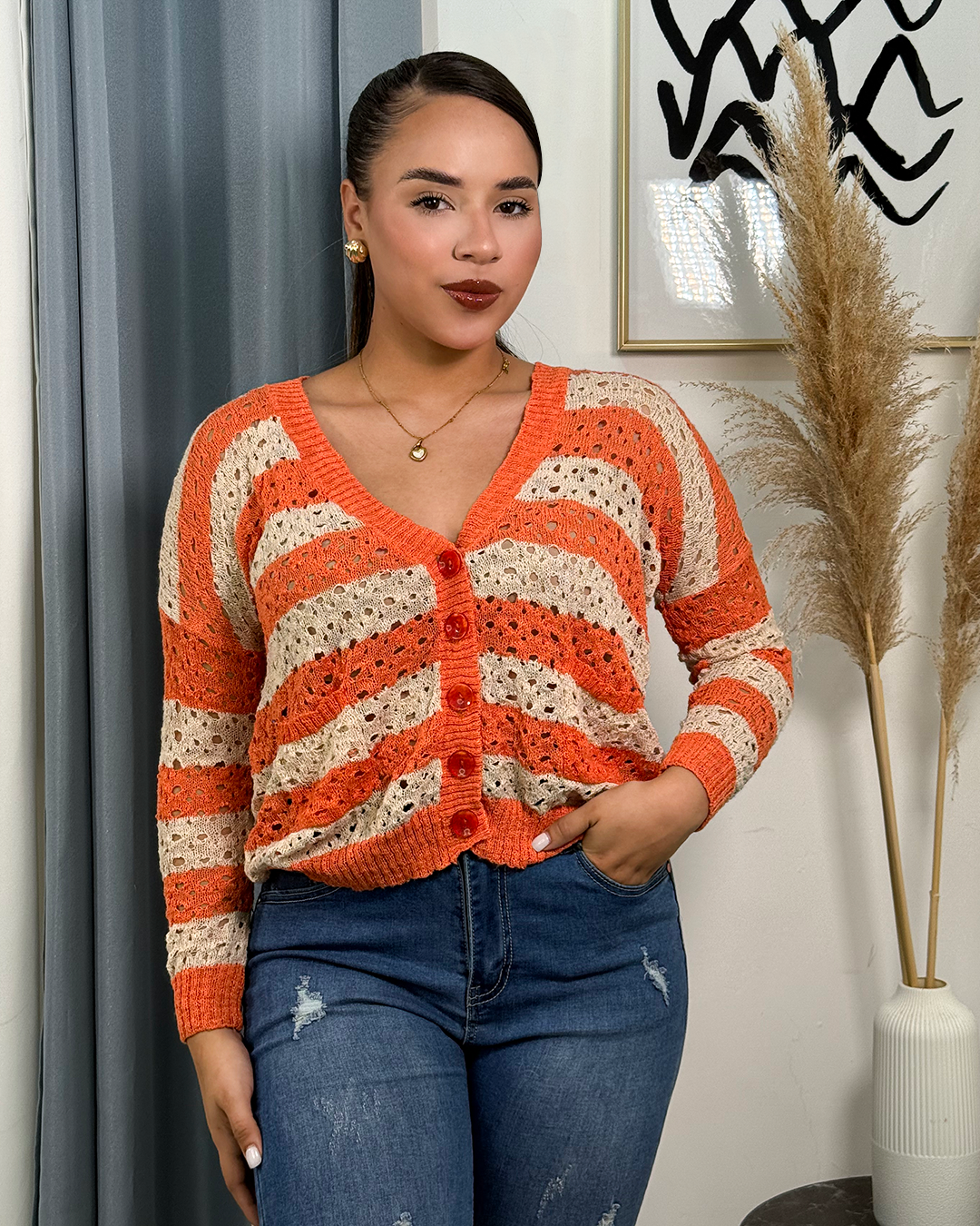 Naranja Sueter Tejido Combinado Crochet Sueter Tejido Naranja