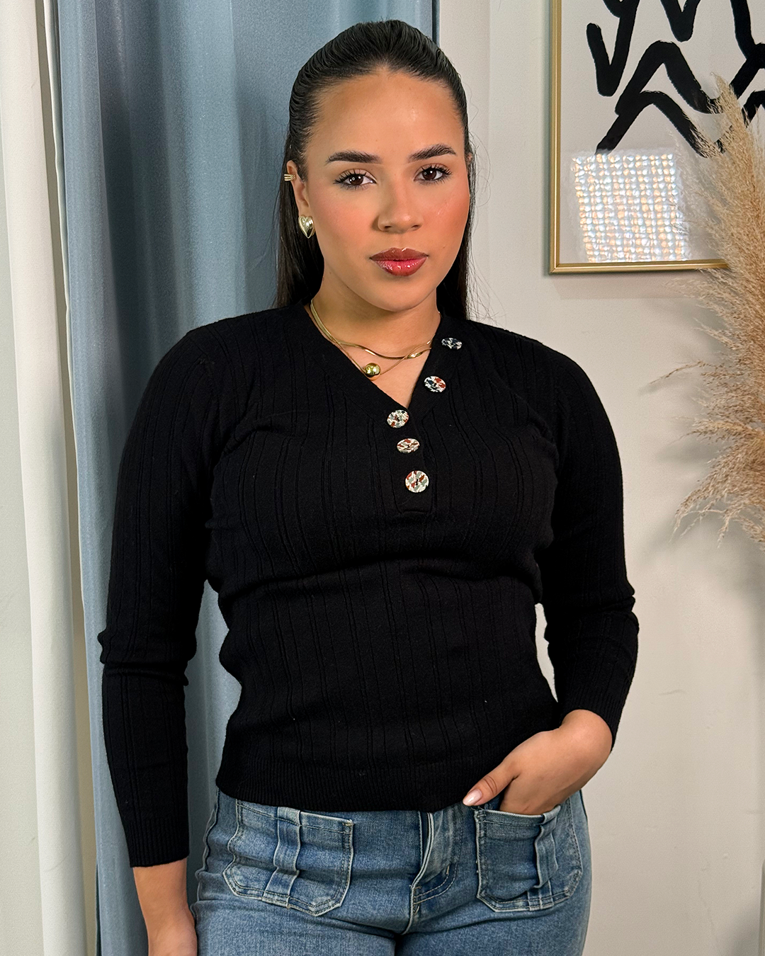 Sueter con tejido fino con botones