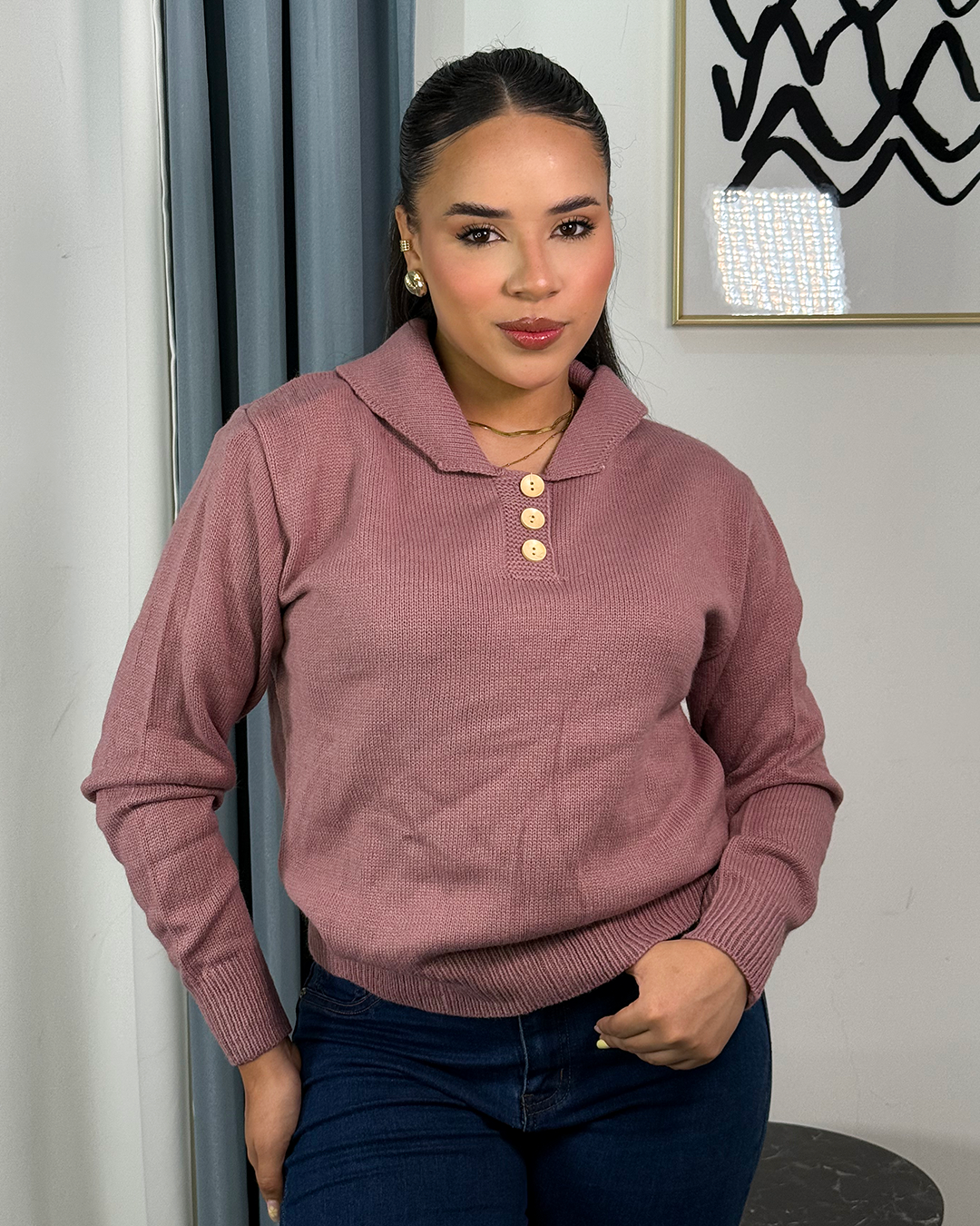 Sueter jersey tejido ajustado con cuello