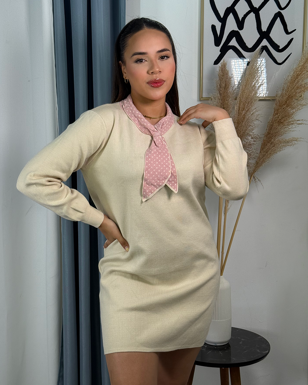 Vestido tejido con manga y liston