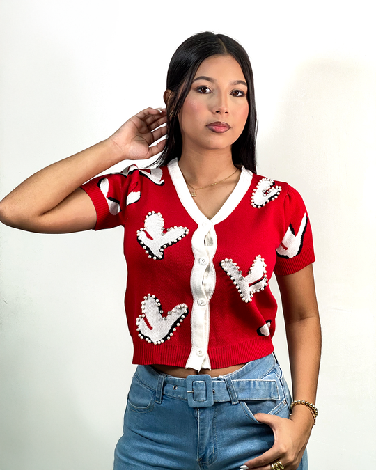 Blusa tejida con diseño de perlas