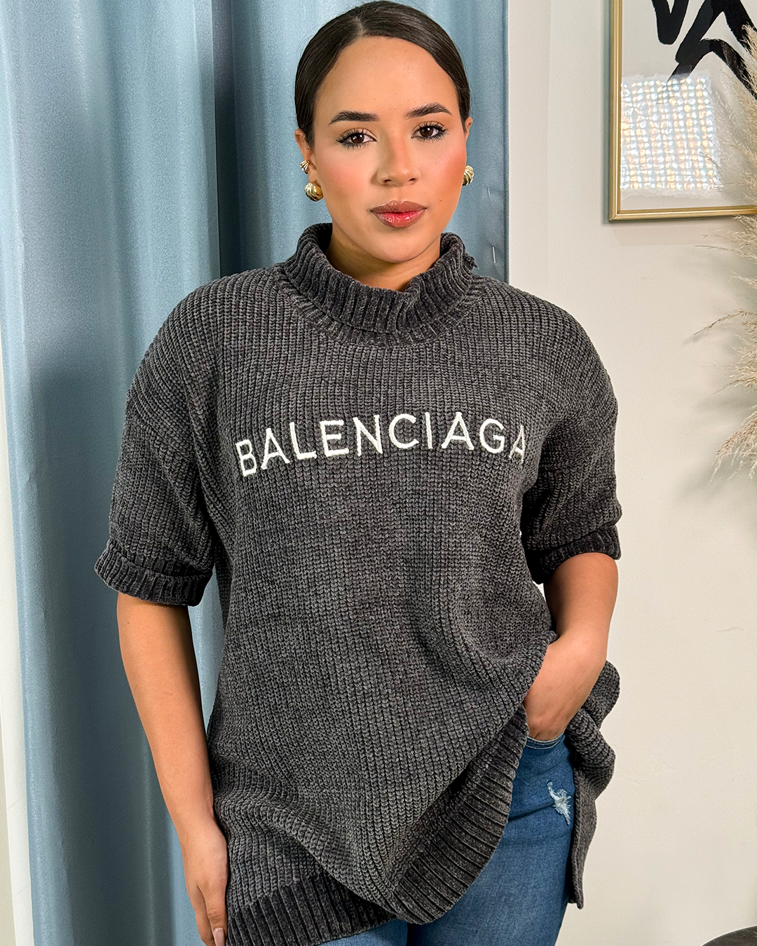 Sueter tejido manga corta largo