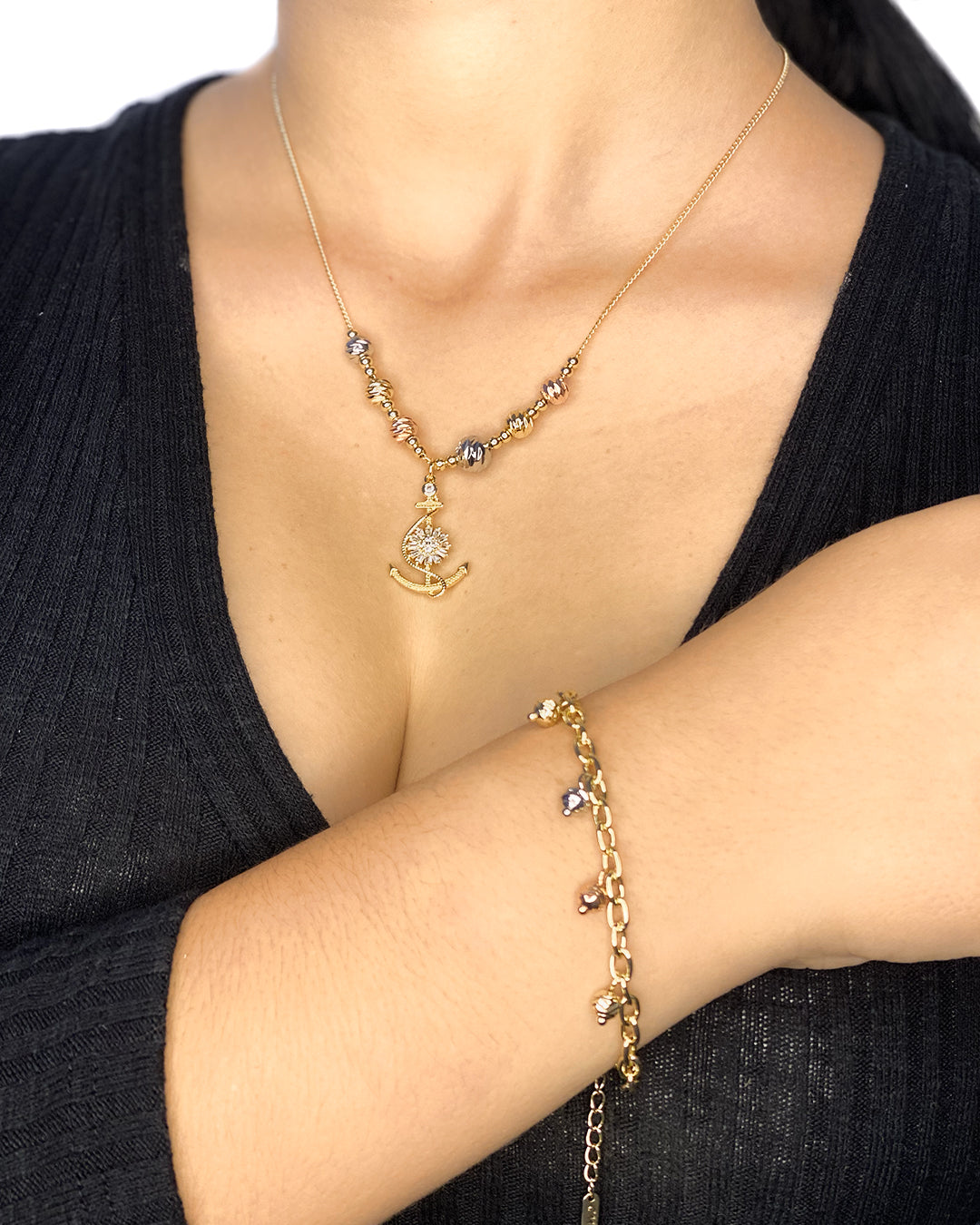 Set de collar y pulsera con dige de ancla enchapados en oro 14k de acero inoxidable