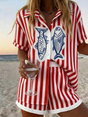 Conjunto de dos piezas de short y camisa estampado de franjas