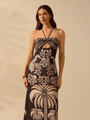 Vestido largo con estampado tropical con cuello de lazo hueco