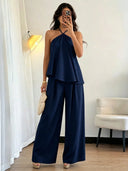 Conjunto de dos piezas para mujer elegante casual vintage cuello halter unicolor
