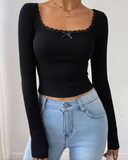 Sueter manga larga con lazo y encaje