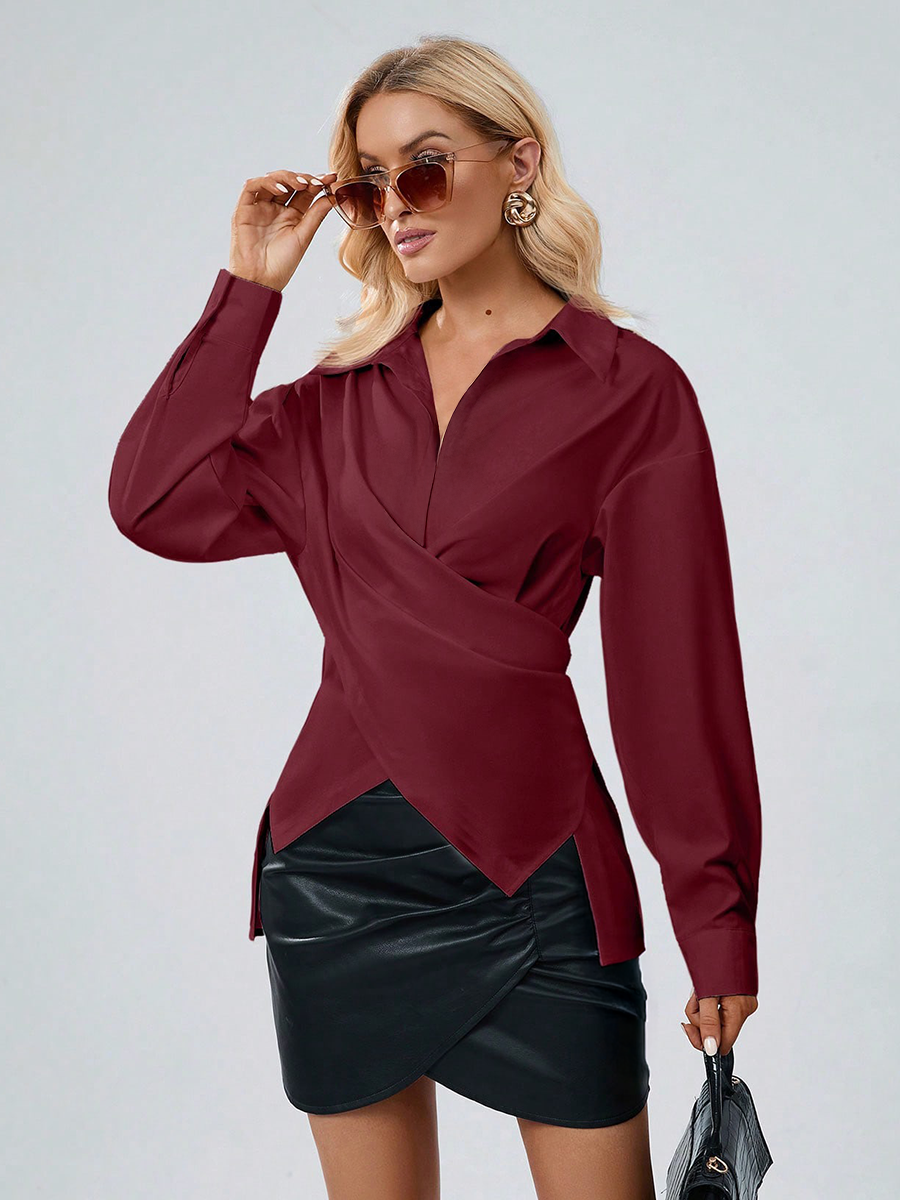 Blusa manga larga con frente cruzado y envolvente solida