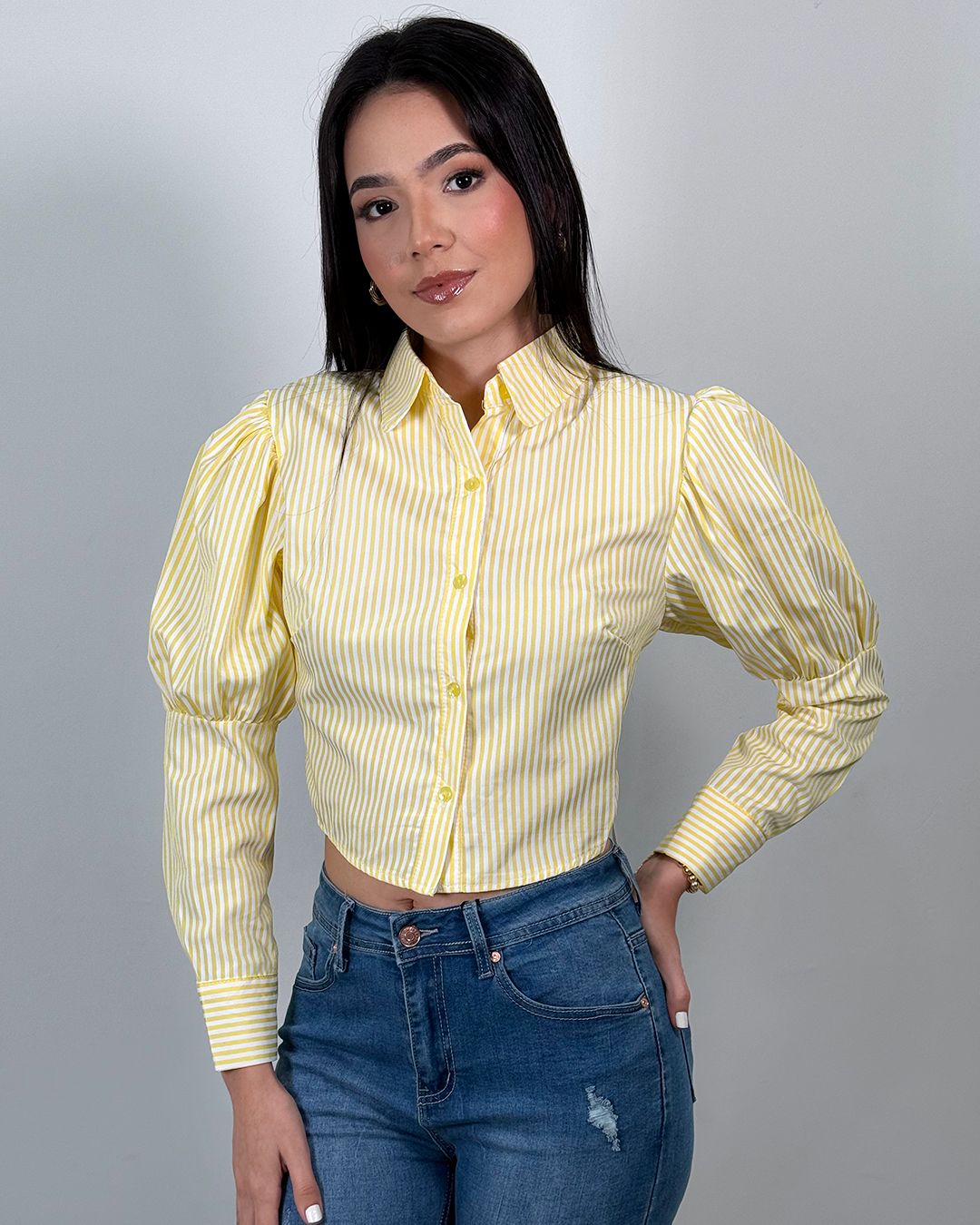 Camisa manga bombacha de rayas