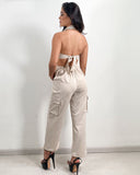 Enterizo elegante de botones y descote trasero