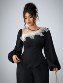 Blusa manga larga unicolor con encaje