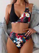 Traje de baño 2 piezas bikini estampado y color de contraste