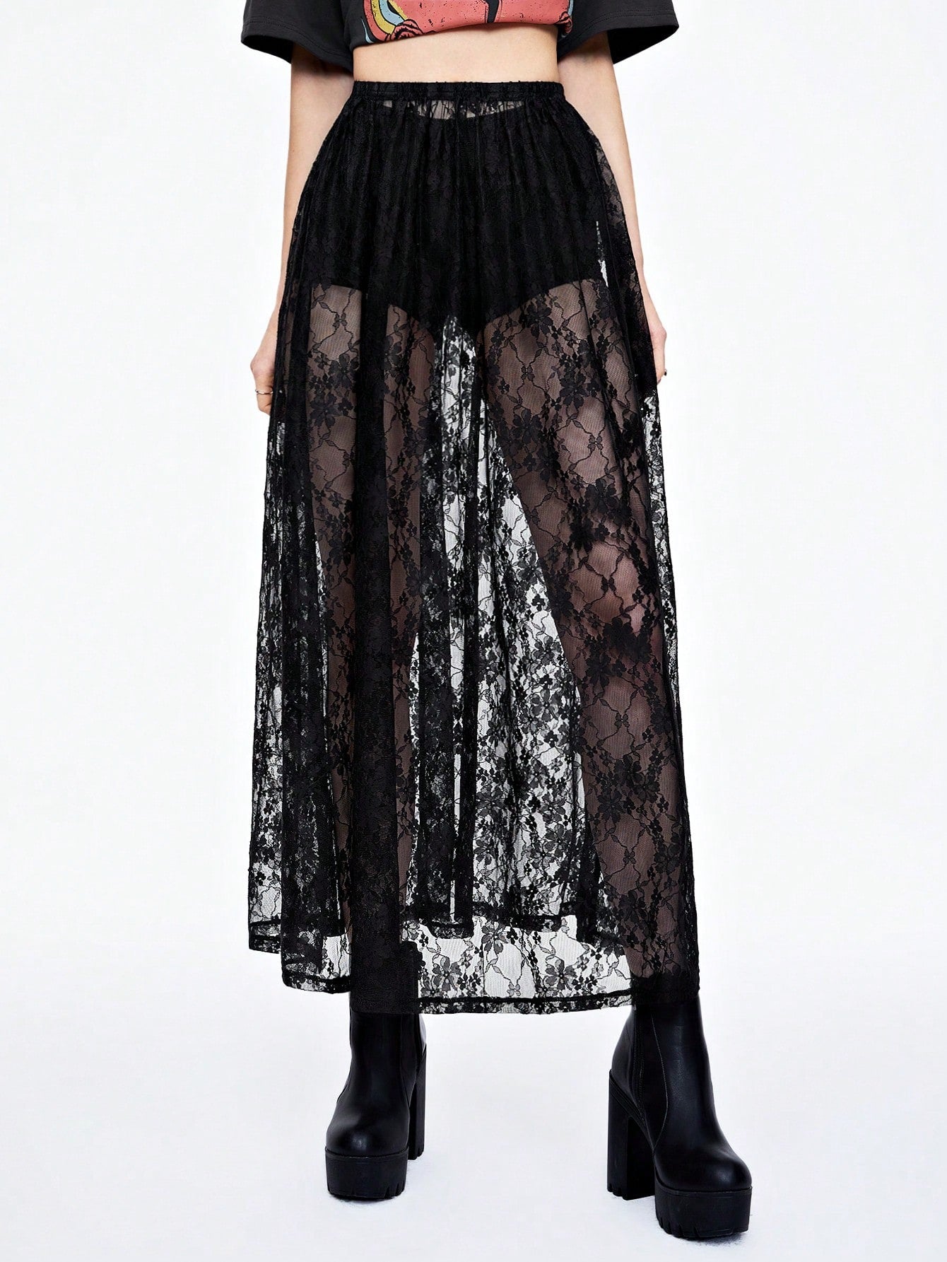 Falda larga unicolor con encaje plizada