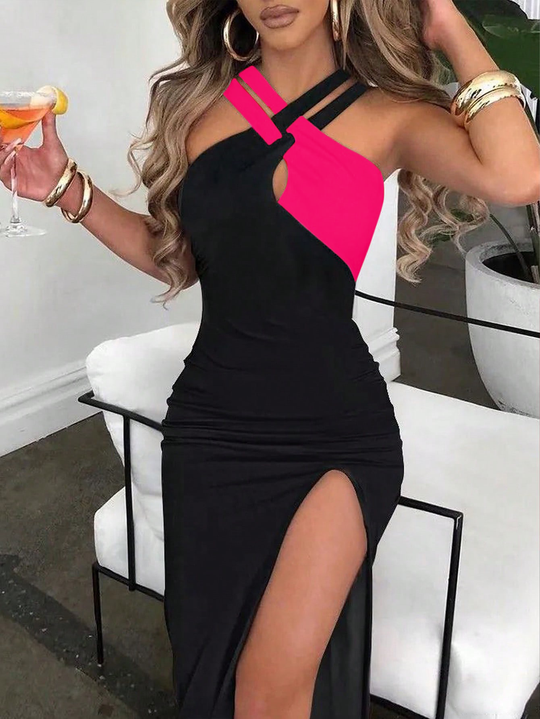 Vestido largo de fiesta con bloqueo de color si manga y abertura