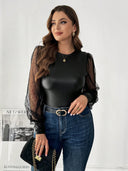 Sueter manga larga curvy con cuerina y mangas de malla