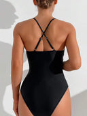 Traje de baño de una pieza cuello halter con detalle en transparente