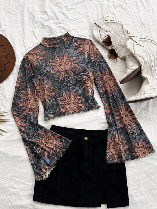 Sueter manga larga acampanada con estampado