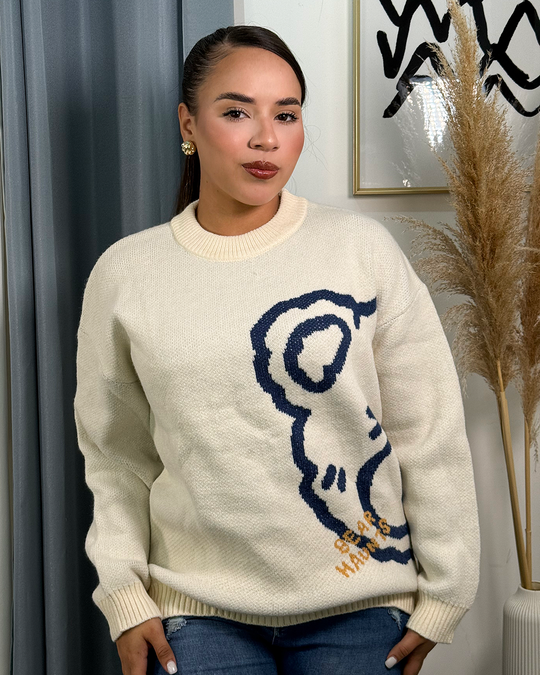 Sueter tejido manga con diseño de oso