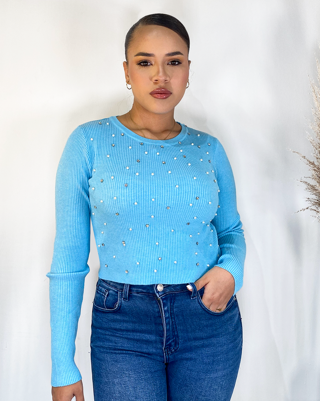 blusa manga larga con piedreria