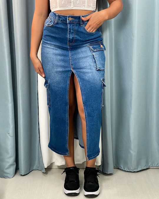 Falda jeans cargo larga