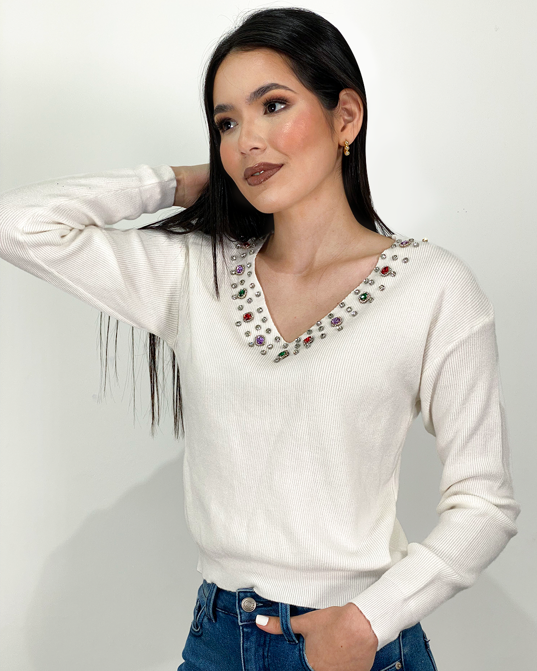 Sueter jersey con pedrería