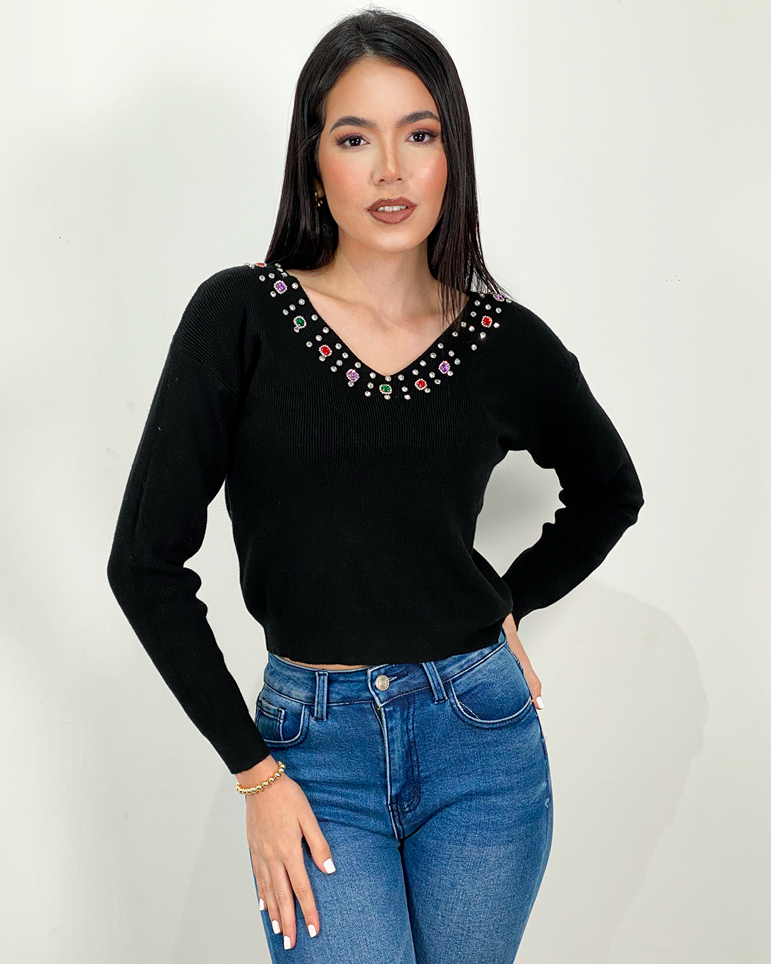 Sueter jersey con pedrería