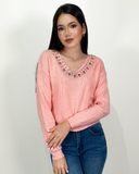 Jersey sweater with rhinestones