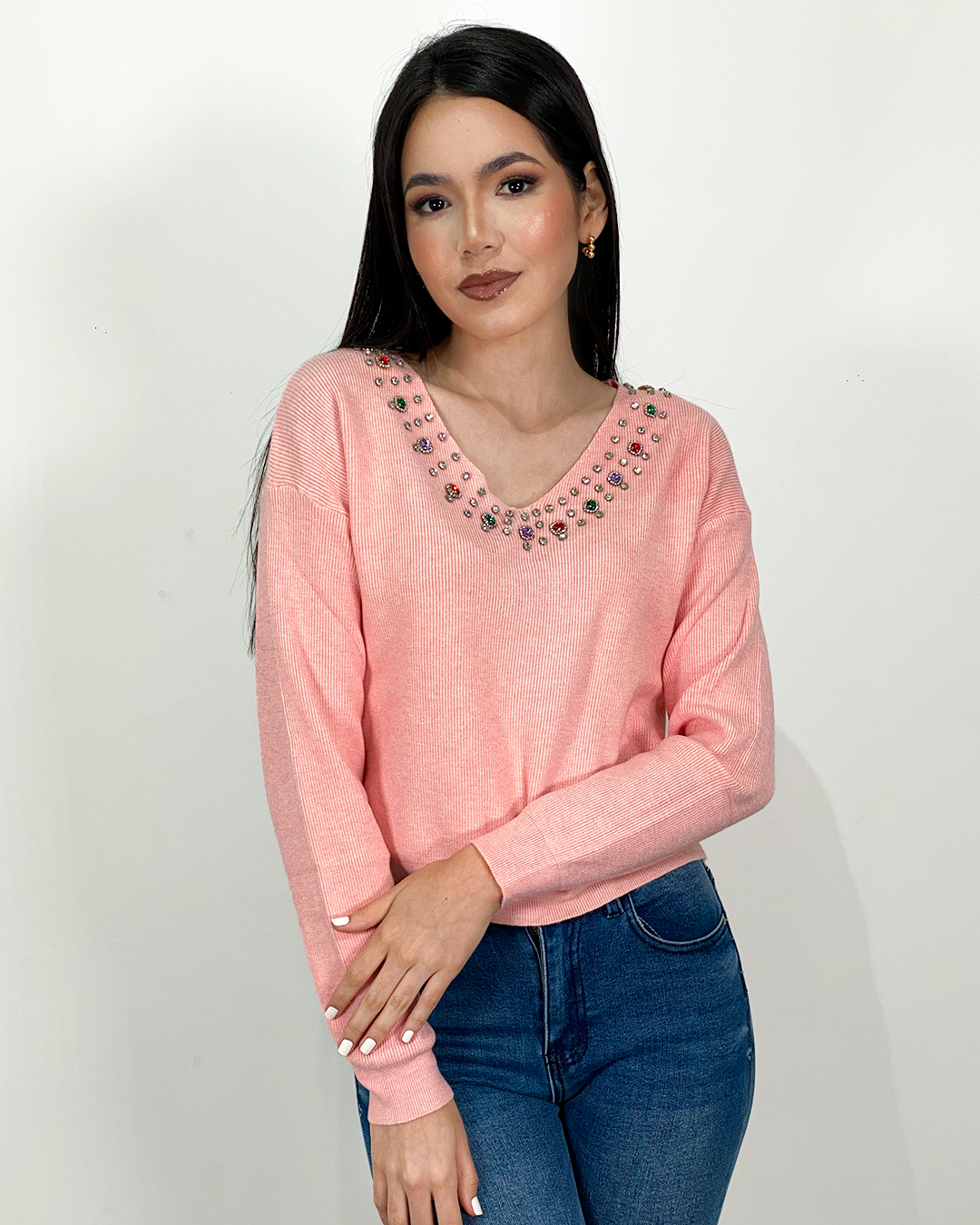 Sueter jersey con pedrería