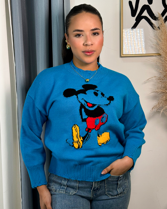 Sueter jersey tejido con estampado caricatura