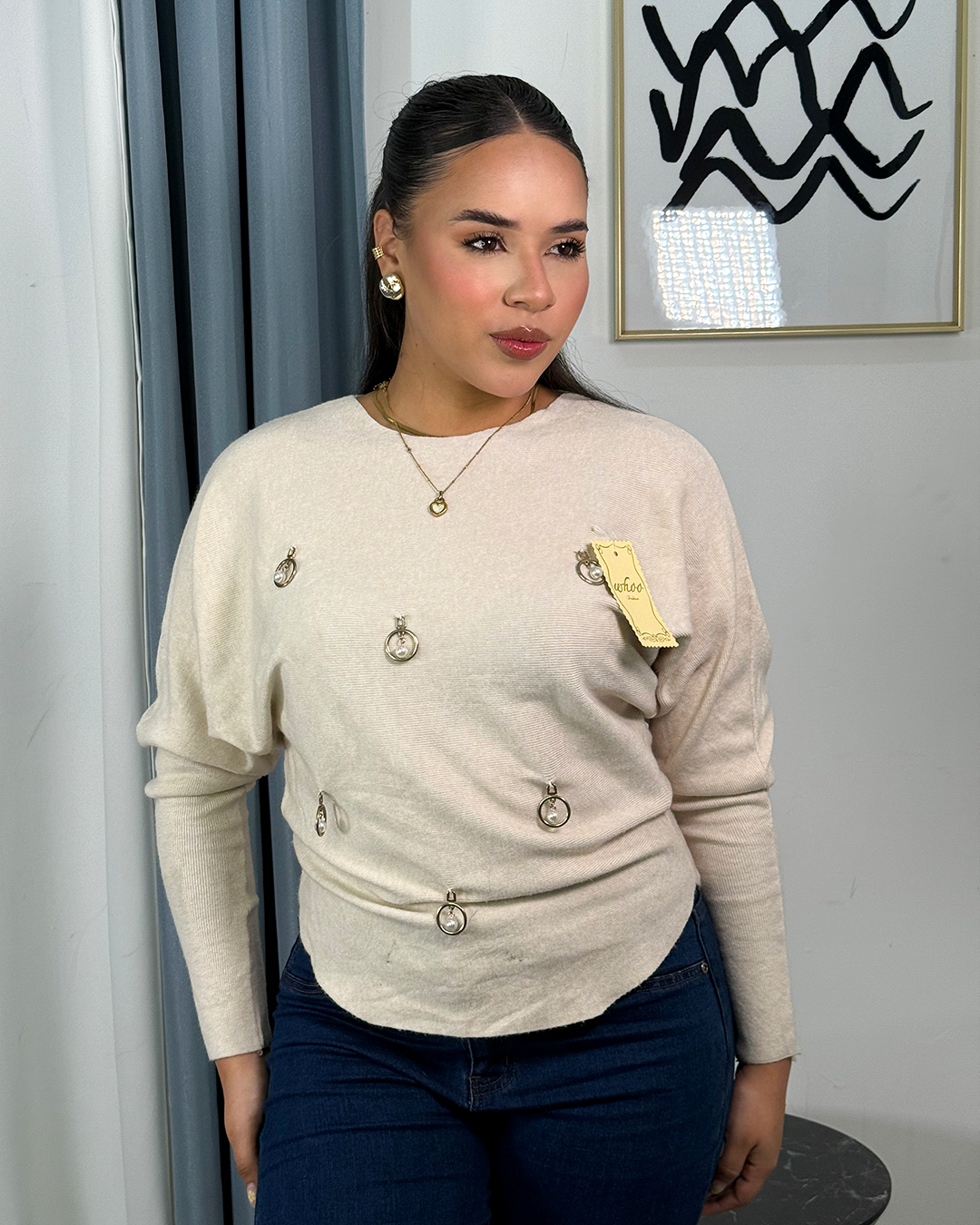 Sueter jersey tejido con diseño colgantes