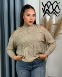 Sueter jersey tejido cuello con patron y hombros al aire