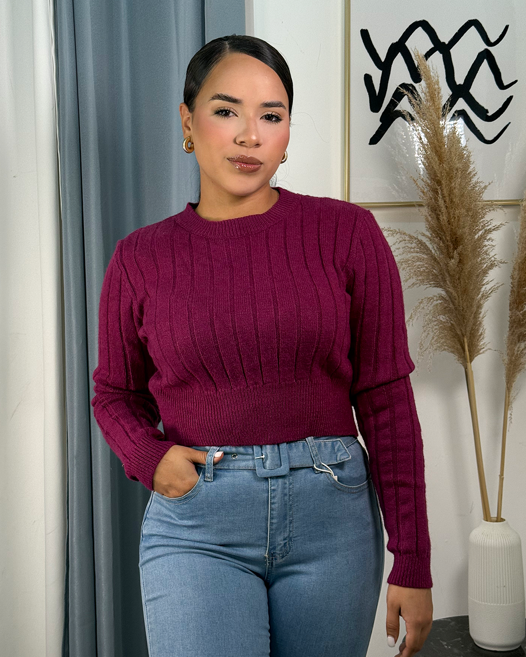 Sueter tejido corto acanalado