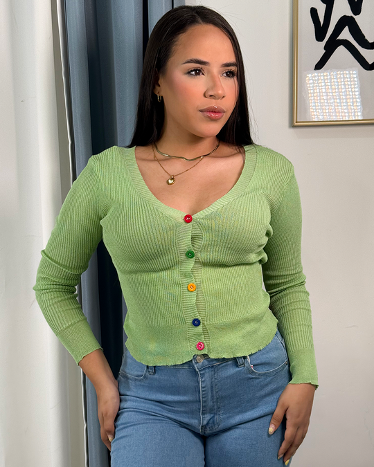 Sueter jersey tejido con botones coloridos