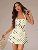 Vestido corto con cuello halter y estampado de lunares
