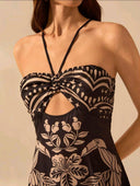 Vestido largo con estampado tropical con cuello de lazo hueco
