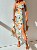 Vestido elegante de ceda con estampado y abertura en la pierna