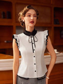 Blusa de manga corta de volado y aplique en negro - ArmasStyle